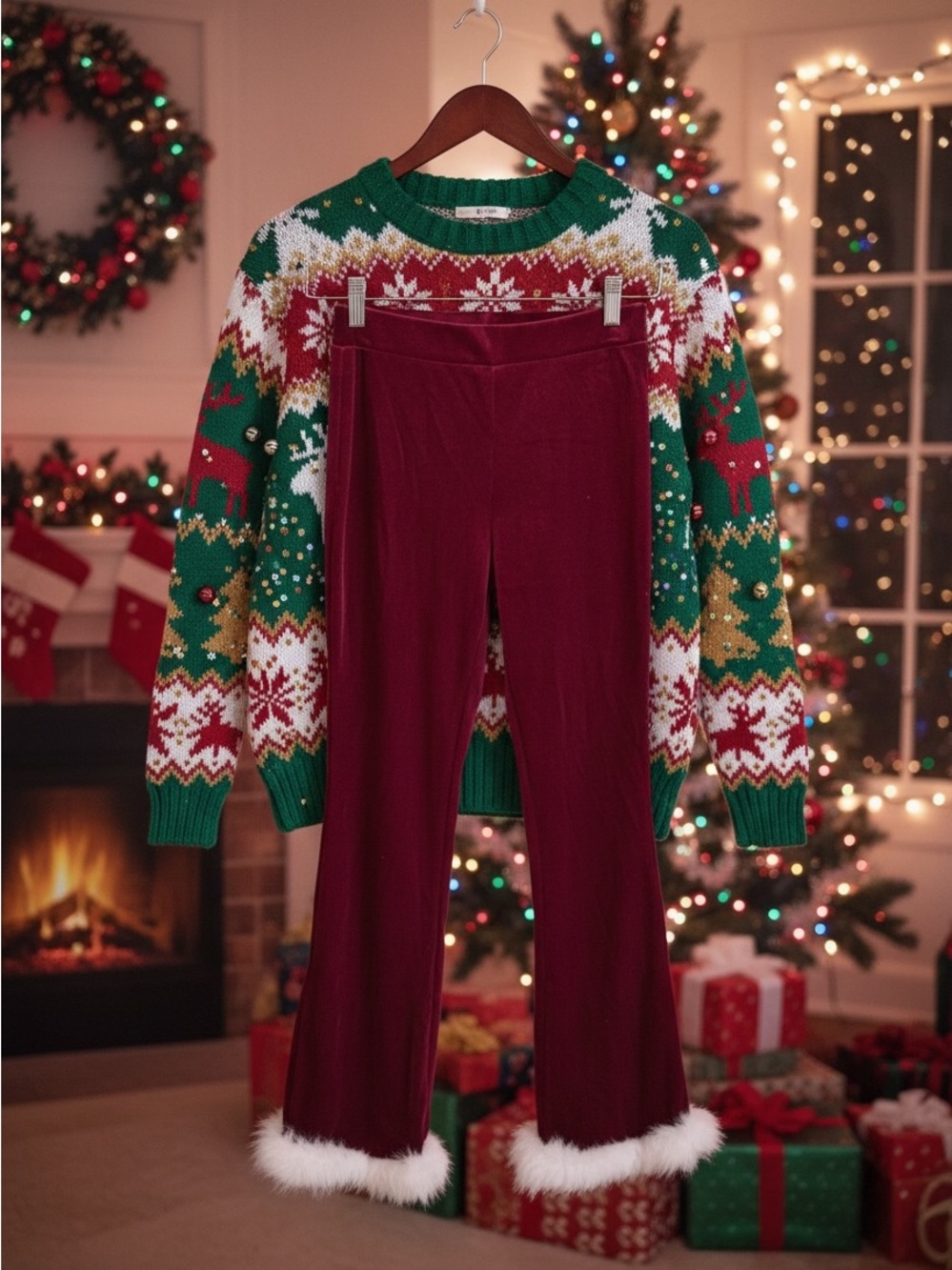 Christmas Santa pants Burgundy Velvet Flare Pants with Faux Fur Hem sm
